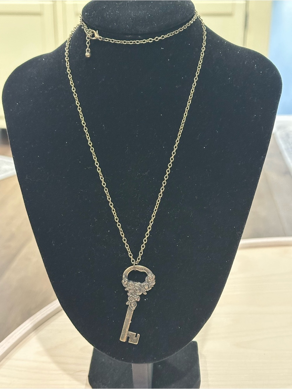 Vintage Inspired Bronze-Tone Key and Roses Long Necklace